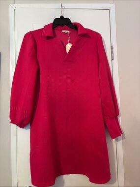 JODIFL Bright Pink Long-Sleeve Collared Shift Dress